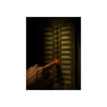A hand pressing one glowing red button on a worn intercom panel. The Finger at Midnight by Garabaggio, fine art print, 12″ x 16″.
