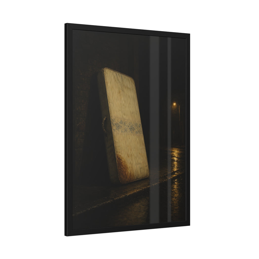 A stained mattress propped on a brick wall along a wet night street. The Presentation Against the Brick by Garabaggio, framed fine art print hanging in a room.