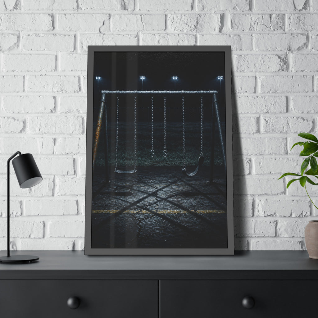 An empty swing set with a rusted leg on cracked asphalt. The Second Hour: The Rust Shaped Like a Hand by Garabaggio, framed fine art print hanging in a room.