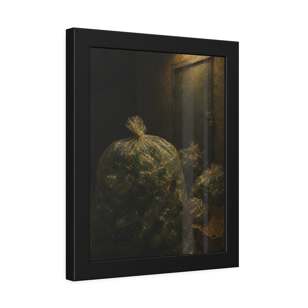 Clear bags of empty bottles piled by a padlocked door under a wall lamp. The Gathering of Empties by Garabaggio, framed fine art print hanging in a room.
