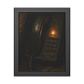 An old desk phone in the dark with one amber line light glowing. The First Ring by Garabaggio, framed fine art print, 11″ x 14″.