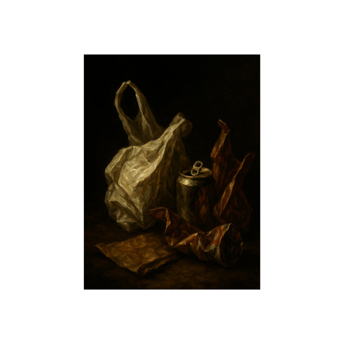 A crumpled plastic bag, crushed can and foil wrappers on a dark table. The Pietà of the Deflated by Garabaggio, fine art print, 12″ x 16″.