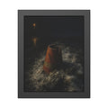 An orange traffic cone half buried in road salt under a distant streetlight. The Burial in Road Salt by Garabaggio, framed fine art print, 11″ x 14″.