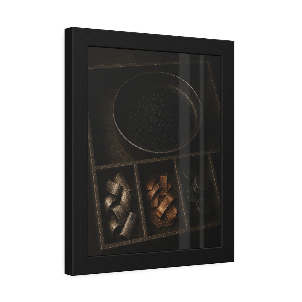Sorted battery parts in a divided tray, metal strips, cells and powder. The Separation of Metals by Garabaggio, framed fine art print hanging in a room.