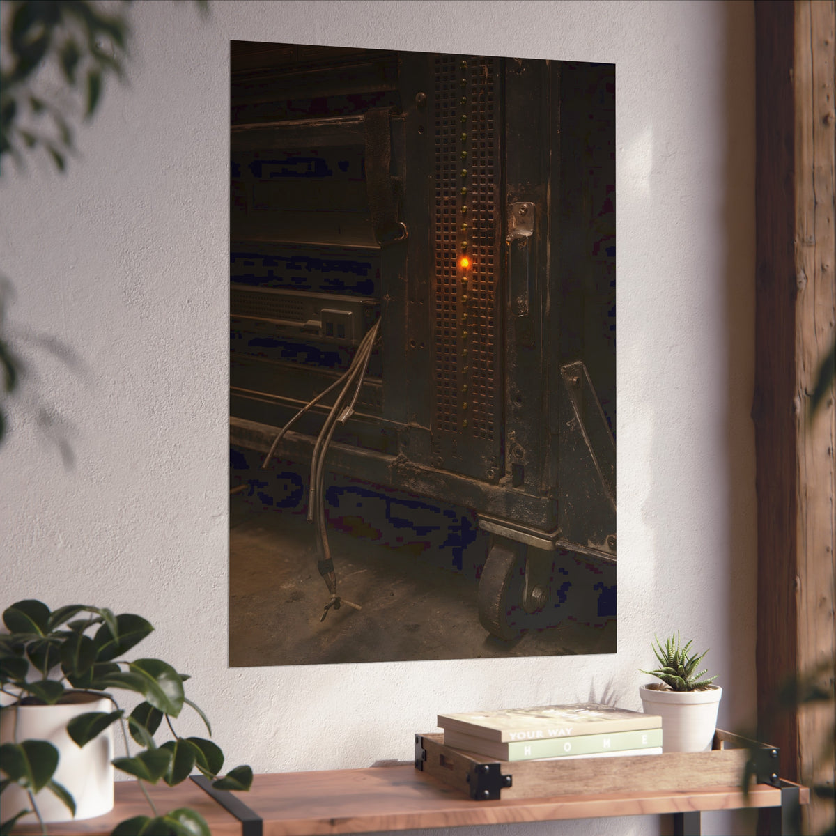 A single amber light among green LEDs on a grimy server rack. The Amber Fault by Garabaggio, fine art print hanging in a room.
