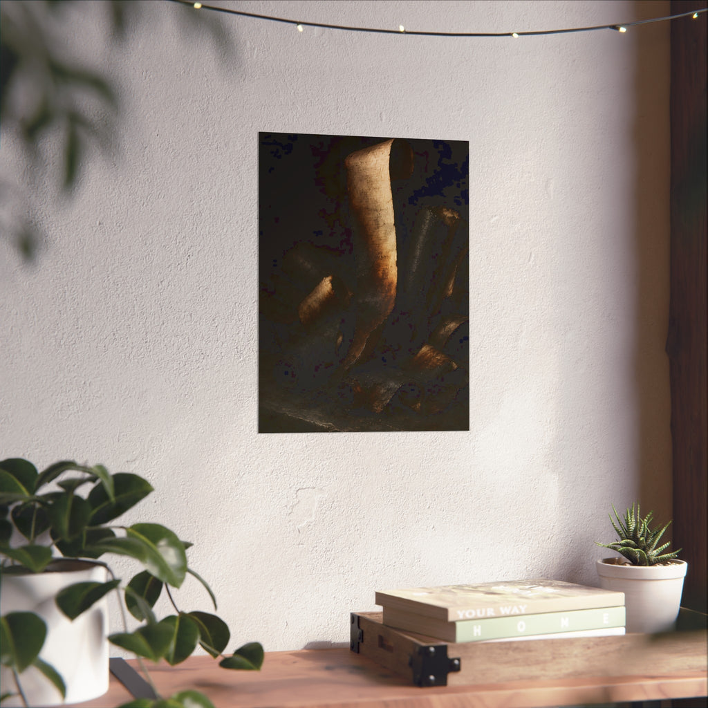 Charred curls of paper heaped together, one pale roll standing upright. The Blackening by Garabaggio, fine art print hanging in a room.