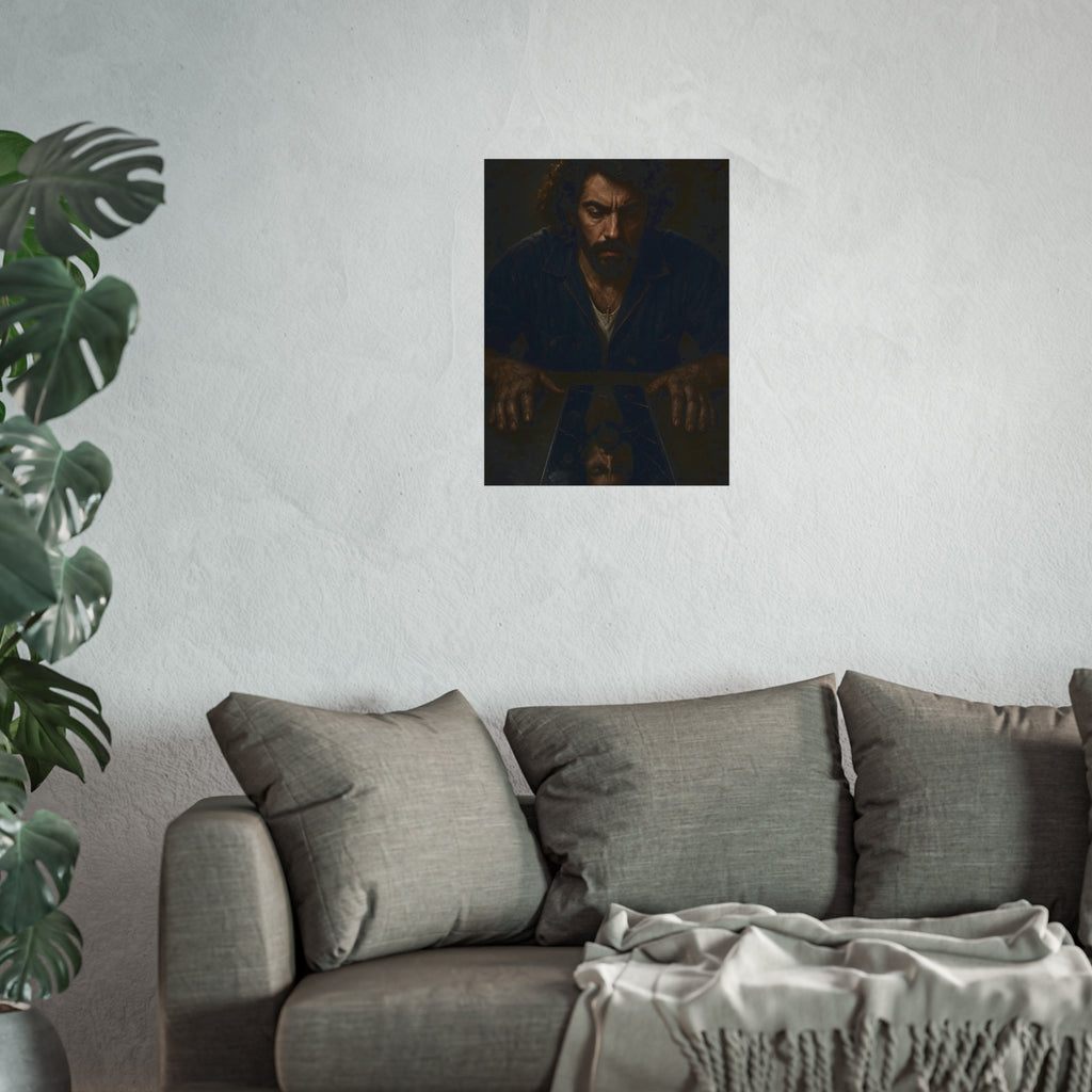 A bearded man in coveralls looking down at his face in a cracked screen. The Mirror After Midnight by Garabaggio, fine art print hanging in a room.