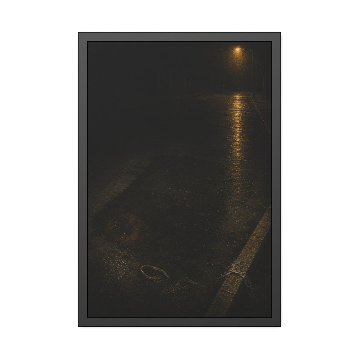 A rectangular stain on wet asphalt where something lay, under a streetlamp. The Stain After Removal by Garabaggio, framed fine art print, 24″ x 36″.