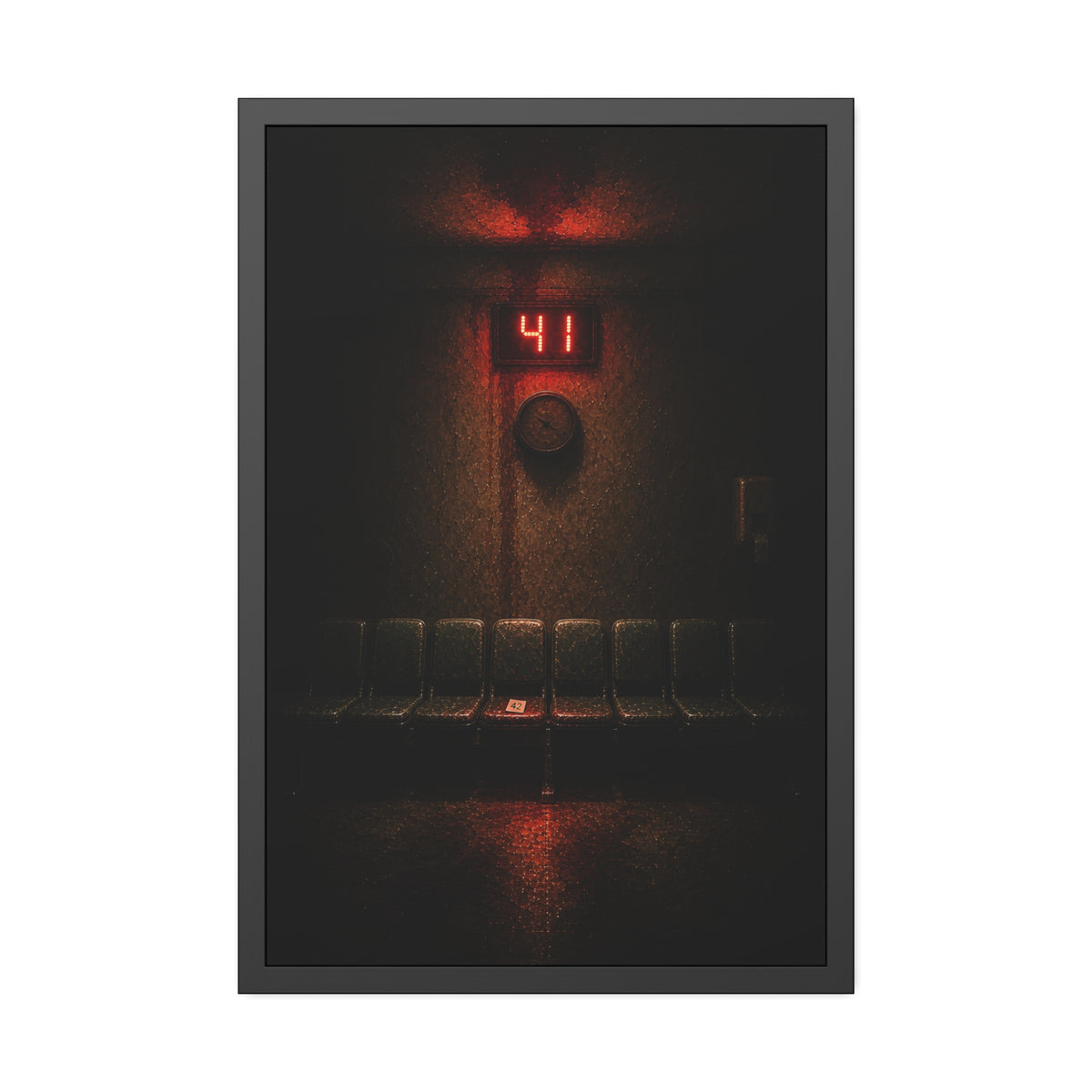 An empty row of waiting room seats beneath a red display reading 41. The Call That Does Not Come by Garabaggio, framed fine art print, 24″ x 36″.