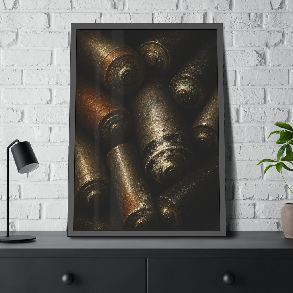 Heap of corroded batteries filling the frame in dim raking light. Chorus of Corrosion by Garabaggio, framed fine art print hanging in a room.
