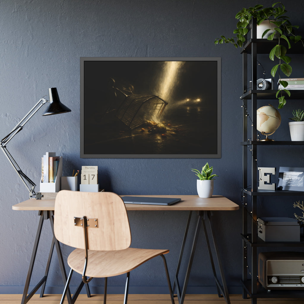 A tipped shopping cart spilling groceries in a shaft of light. The Conversion of the Shopping Cart by Garabaggio, framed fine art print hanging in a room.