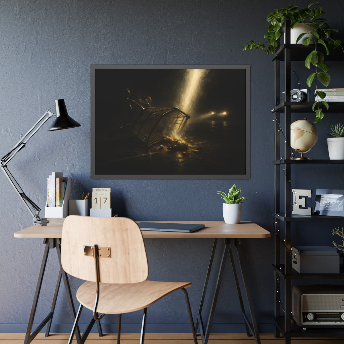 A tipped shopping cart spilling groceries in a shaft of light. The Conversion of the Shopping Cart by Garabaggio, framed fine art print hanging in a room.