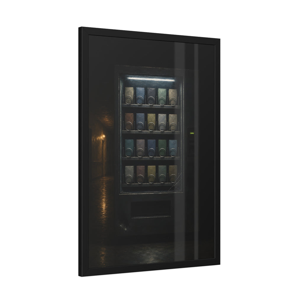 A fully stocked lit vending machine at the end of a dark corridor. The Full Grid at Closing by Garabaggio, framed fine art print hanging in a room.