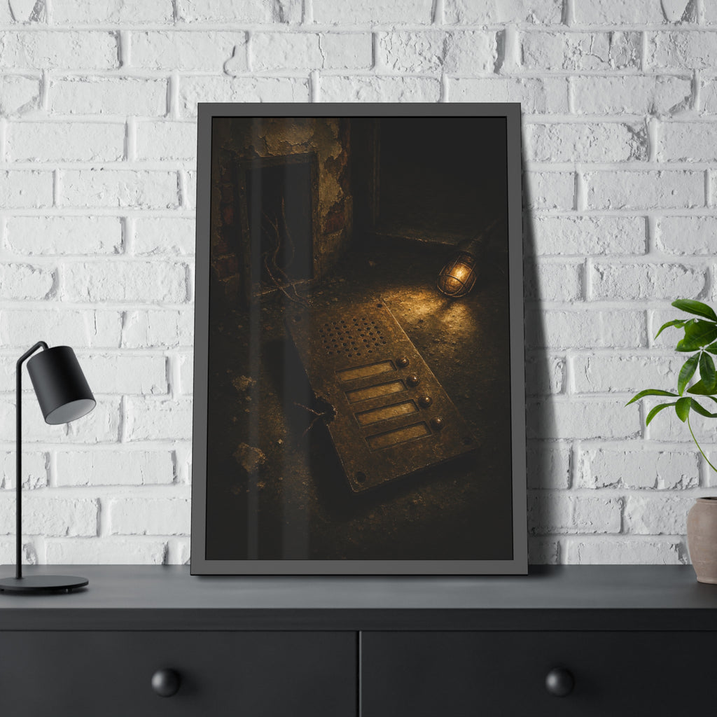 An intercom panel face up on a floor, wires cut, lit by a work lamp. The Plate Taken Down by Garabaggio, framed fine art print hanging in a room.