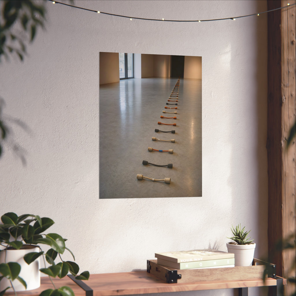 A long line of cut extension cord ends laid across a pale gallery floor. The Severed Procession by Garabaggio, fine art print hanging in a room.