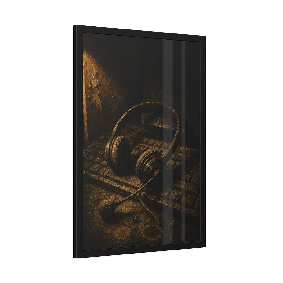Dust covered headset resting on an old keyboard in brown light. Cubicles Under Dust by Garabaggio, framed fine art print hanging in a room.