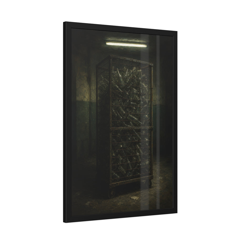 A tall wire cage cart packed with clear bottles in a dim concrete room. The Cage of Clear Glass by Garabaggio, framed fine art print hanging in a room.