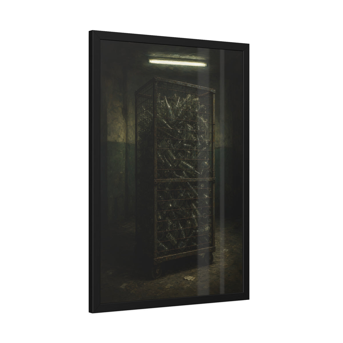 A tall wire cage cart packed with clear bottles in a dim concrete room. The Cage of Clear Glass by Garabaggio, framed fine art print hanging in a room.
