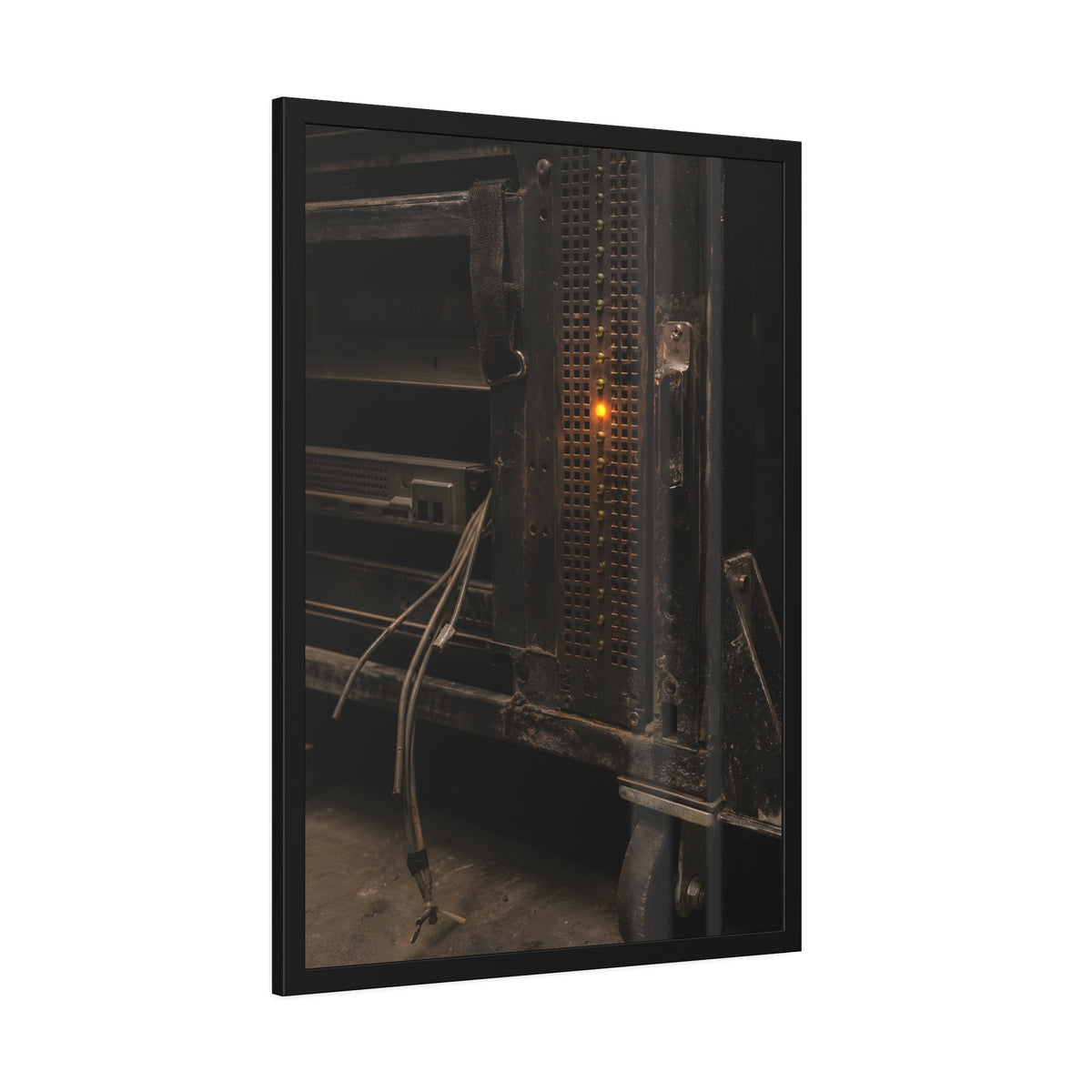 A single amber light among green LEDs on a grimy server rack. The Amber Fault by Garabaggio, framed fine art print hanging in a room.