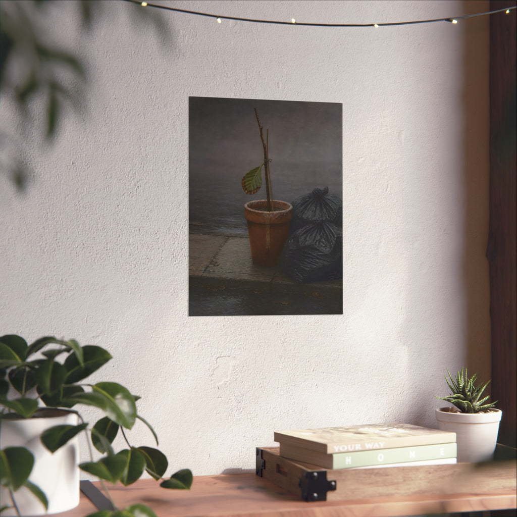 A potted dead twig with one leaf beside black garbage bags on a wet curb. The Curb on Tuesday by Garabaggio, fine art print hanging in a room.
