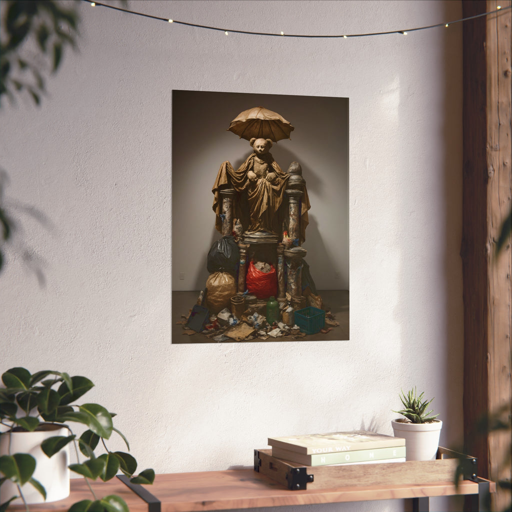 A teddy bear figure under an umbrella atop a pile of trash bags. Madonna of the Lost and Found by Garabaggio, fine art print hanging in a room.