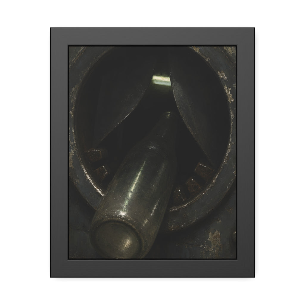 A glass bottle wedged in the round steel intake of a crushing machine. The Crusher's Mouth by Garabaggio, framed fine art print, 11″ x 14″.