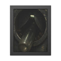 A glass bottle wedged in the round steel intake of a crushing machine. The Crusher's Mouth by Garabaggio, framed fine art print, 11″ x 14″.