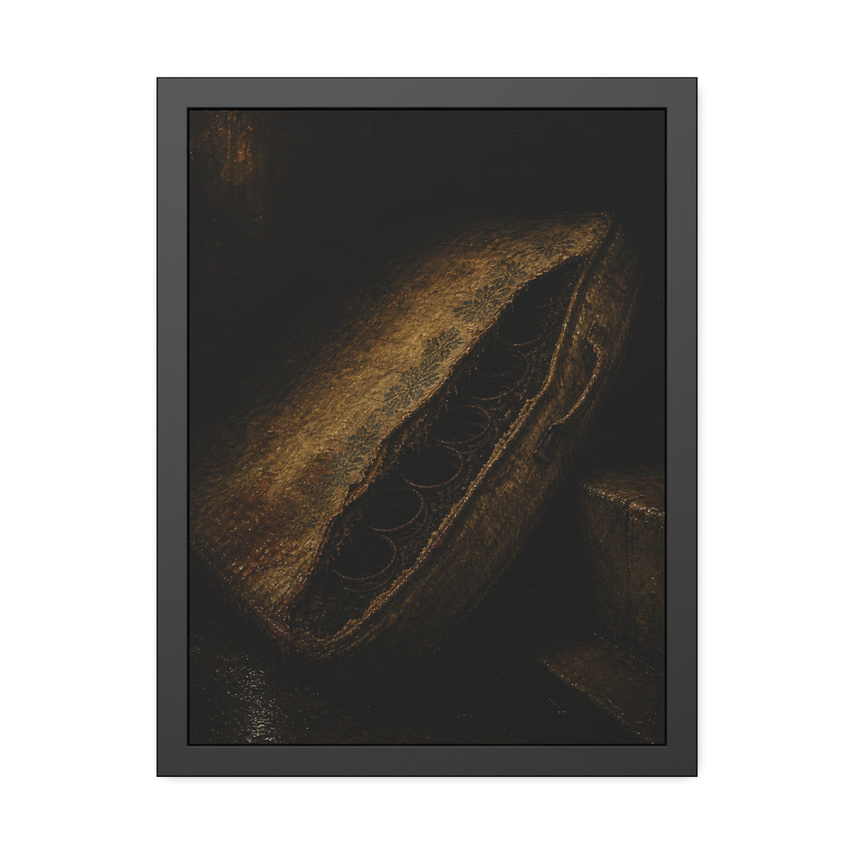 A torn mattress propped on its side, coil springs showing through the split. The Showing of the Springs by Garabaggio, framed fine art print, 18″ x 24″.