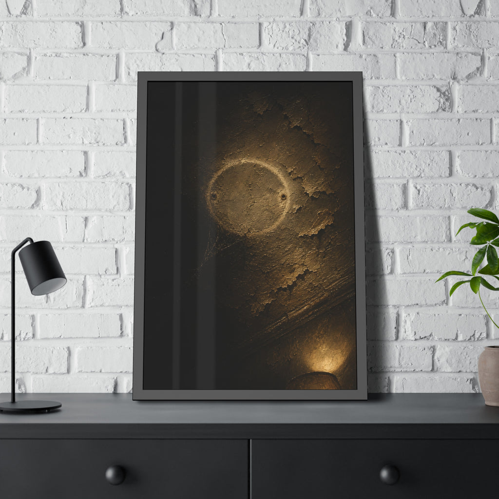 A pale ring and two screw holes on a peeling ceiling where a detector was. The Circle on the Ceiling by Garabaggio, framed fine art print hanging in a room.