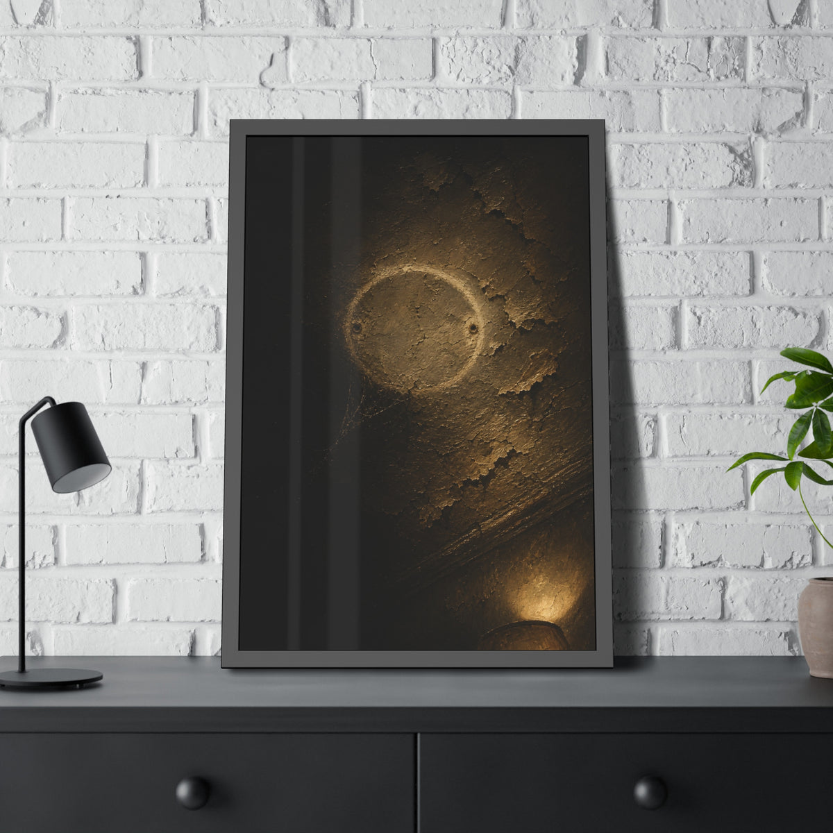 A pale ring and two screw holes on a peeling ceiling where a detector was. The Circle on the Ceiling by Garabaggio, framed fine art print hanging in a room.