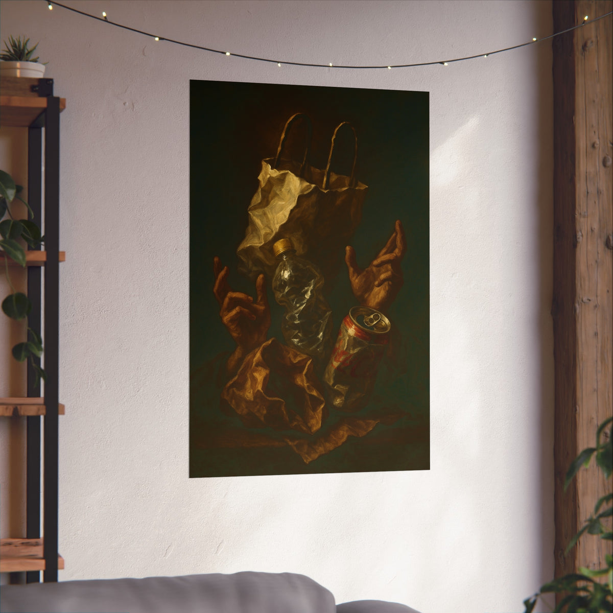 Two hands raised beside a paper bag, crushed bottle and dented can. The Assumption of the Discarded by Garabaggio, fine art print hanging in a room.