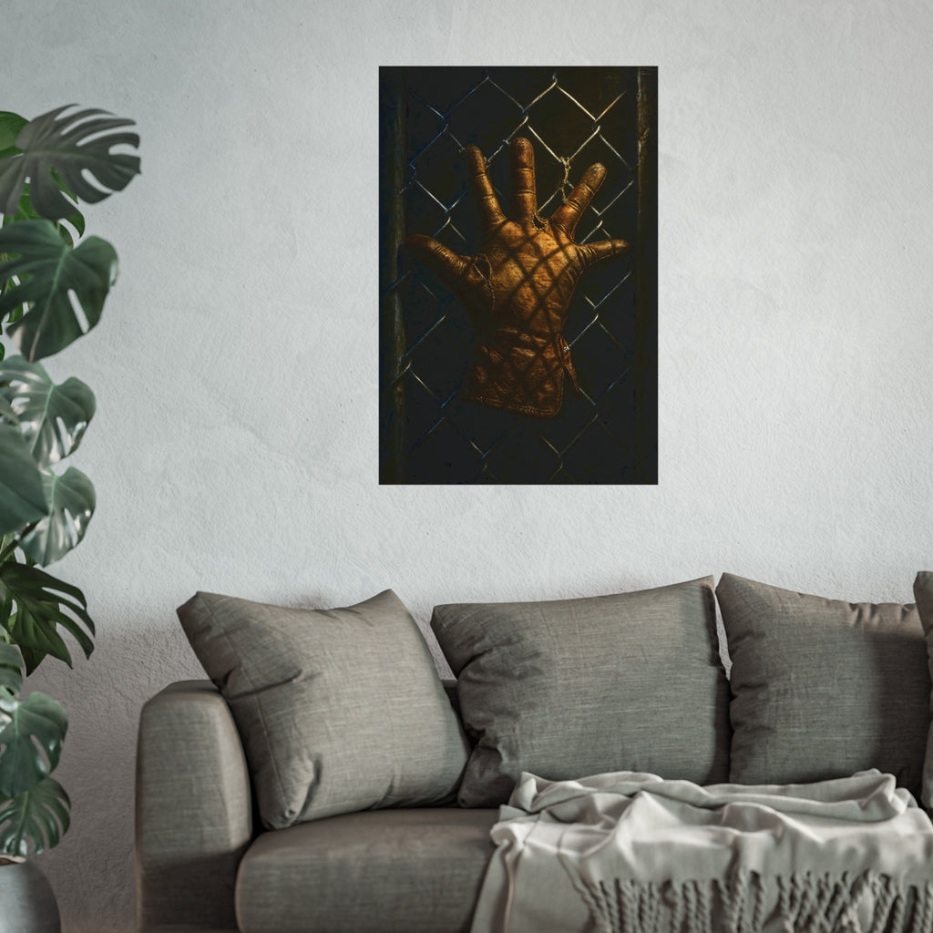 A worn leather glove caught fingers up on a dark chain-link fence. The Crucifixion on Chain-Link by Garabaggio, fine art print hanging in a room.