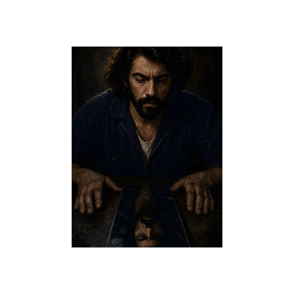 A bearded man in coveralls looking down at his face in a cracked screen. The Mirror After Midnight by Garabaggio, fine art print, 12″ x 16″.