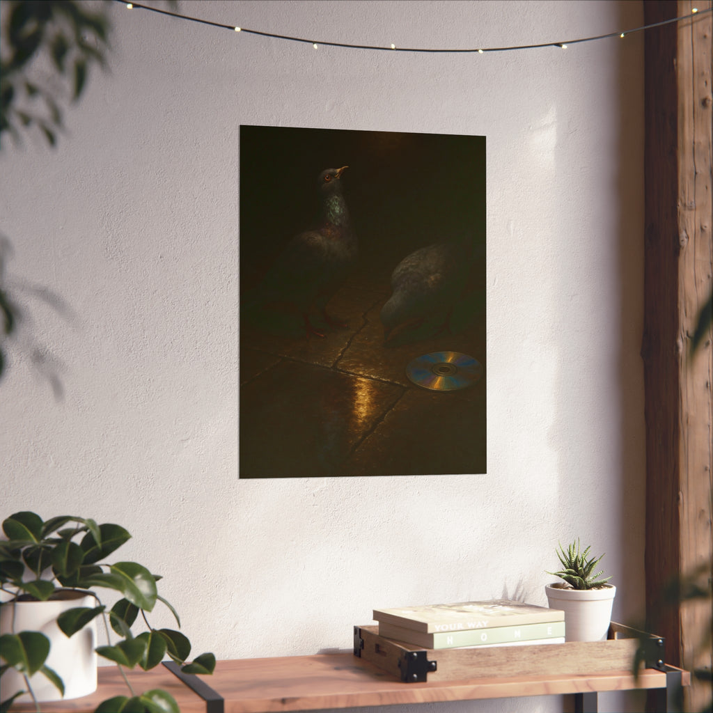 Two pigeons on wet paving stones beside a disc catching the lamplight. The Vigil on Wet Pavement by Garabaggio, fine art print hanging in a room.