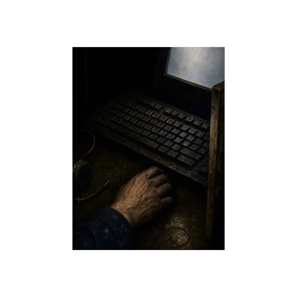 A hand on a mouse beside a grimy keyboard and a pale glowing screen. Login Before Dawn by Garabaggio, fine art print, 18″ x 24″.