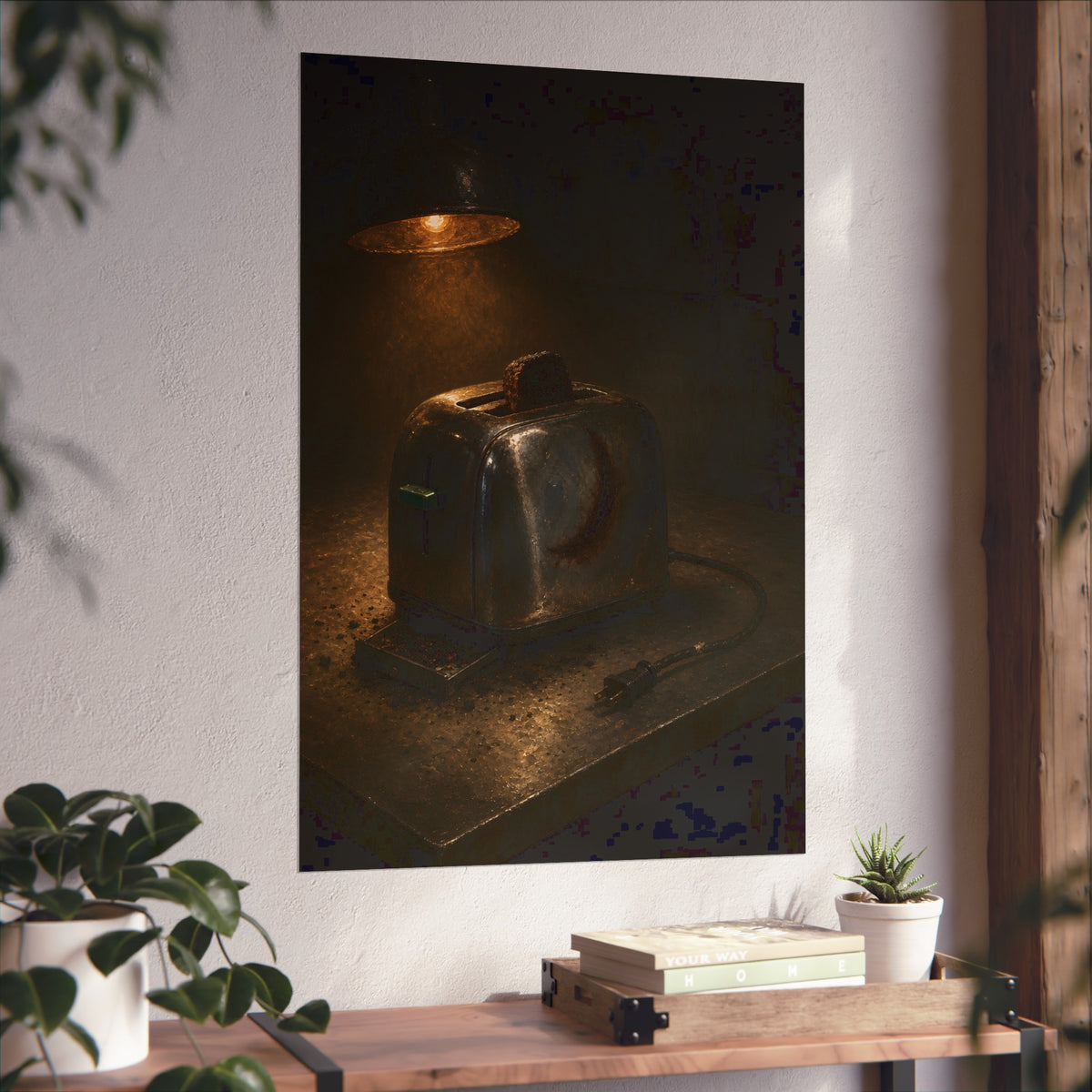 A scorched toaster under a work lamp, burnt toast standing in its slot. The Table of Examination by Garabaggio, fine art print hanging in a room.
