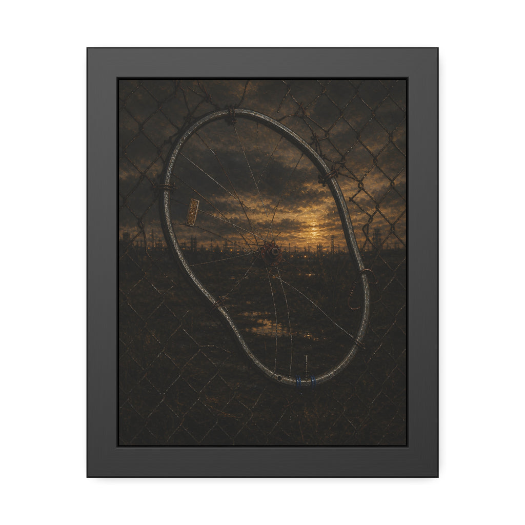 A bent bicycle wheel woven into a chain link fence against a dim sunset. The Fence Repair by Garabaggio, framed fine art print, 11″ x 14″.