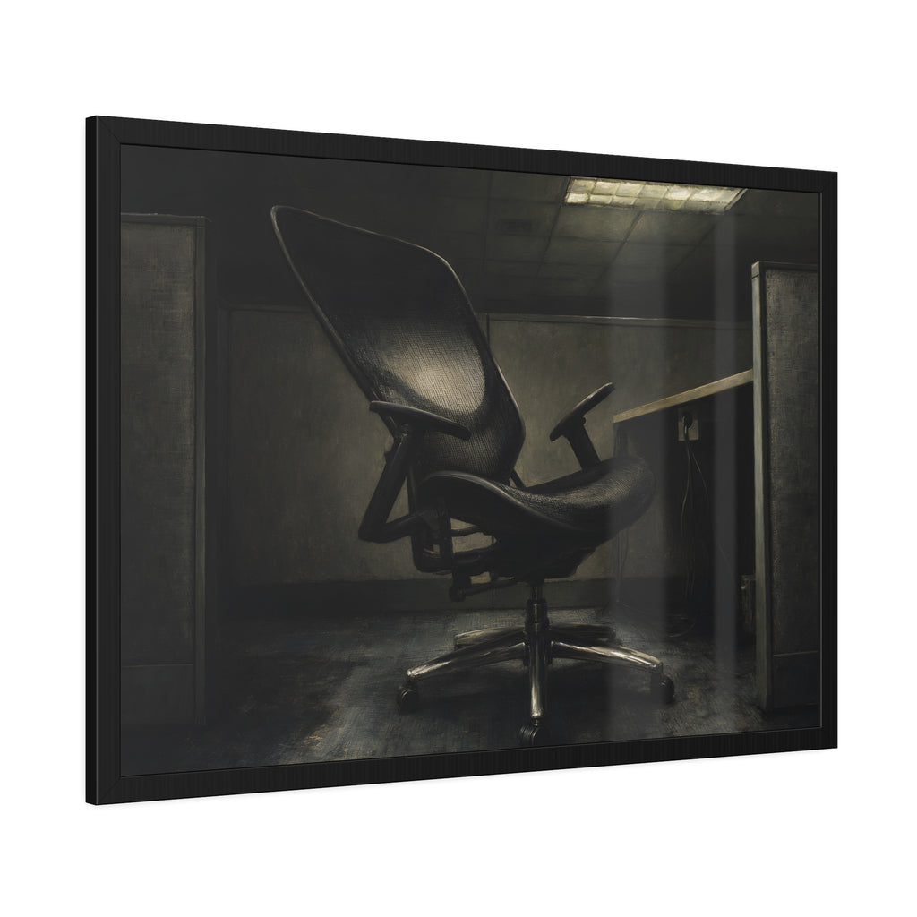 An office chair tilted back in an empty cubicle under one ceiling light. The Ergonomic Chair, Unlocked by Garabaggio, framed fine art print hanging in a room.