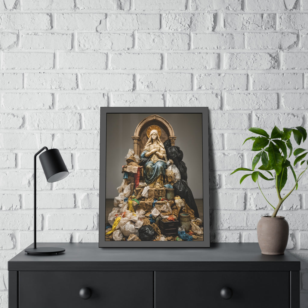 A robed statue on a mound of garbage bags in a gallery. The Immaculate Collection by Garabaggio, framed fine art print hanging in a room.