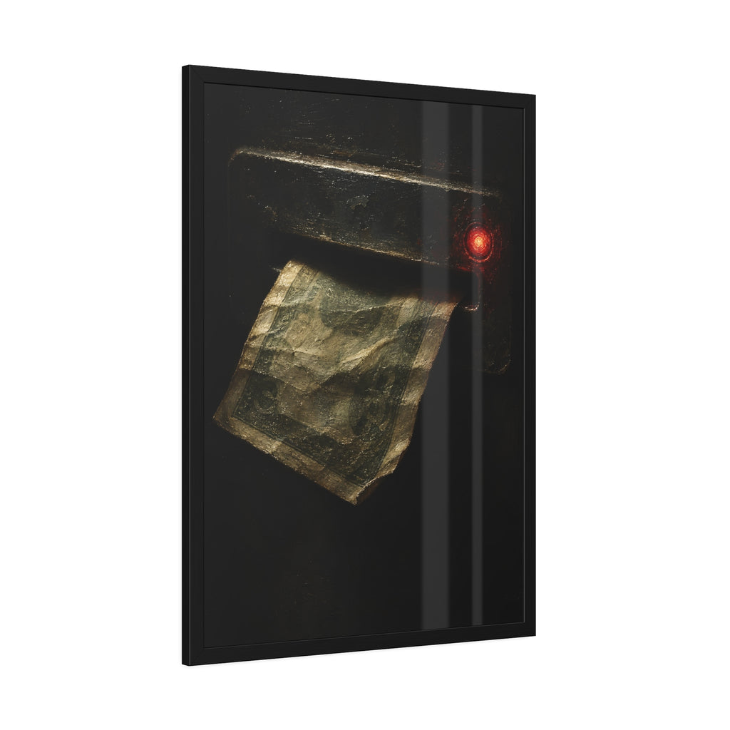 A worn bill pushed back out of a machine slot beside a red light. The Change Machine's Refusal by Garabaggio, framed fine art print hanging in a room.