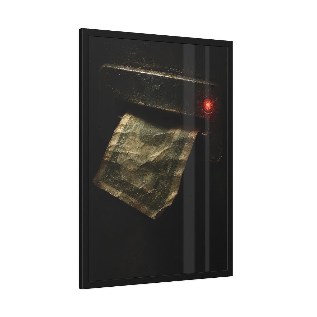 A worn bill pushed back out of a machine slot beside a red light. The Change Machine's Refusal by Garabaggio, framed fine art print hanging in a room.