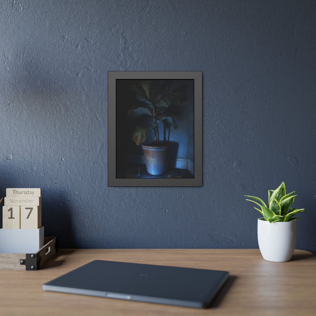 A dying potted plant in a corner washed in blue television light. The Television Hours by Garabaggio, framed fine art print hanging in a room.
