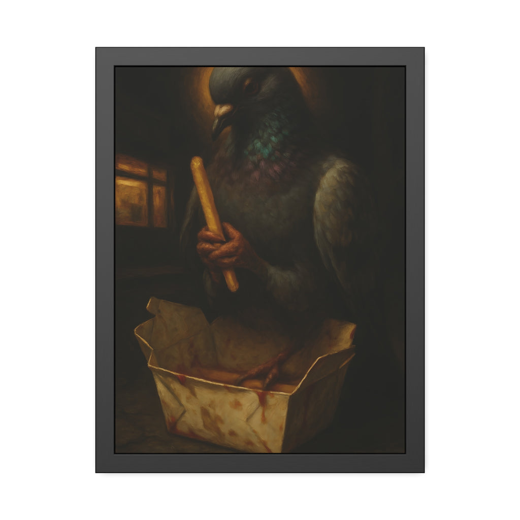 A haloed pigeon holding a french fry over a takeout carton in an alley. Madonna of the Pigeon with Fries by Garabaggio, framed fine art print hanging in a room.