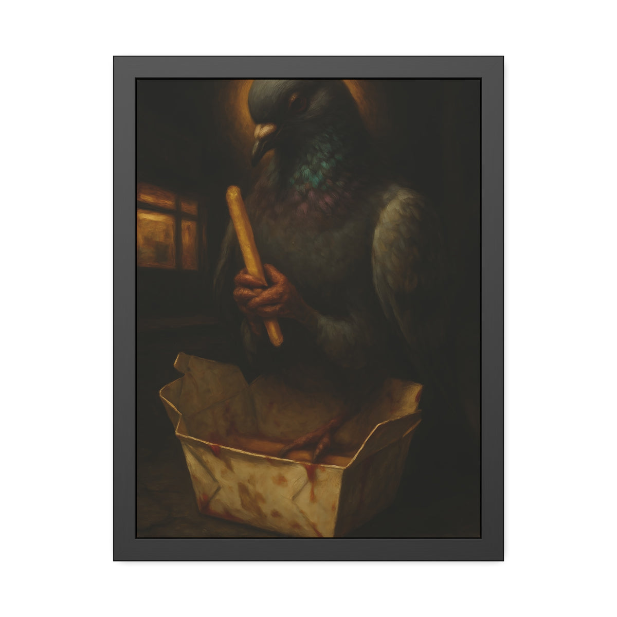 A haloed pigeon holding a french fry over a takeout carton in an alley. Madonna of the Pigeon with Fries by Garabaggio, framed fine art print hanging in a room.