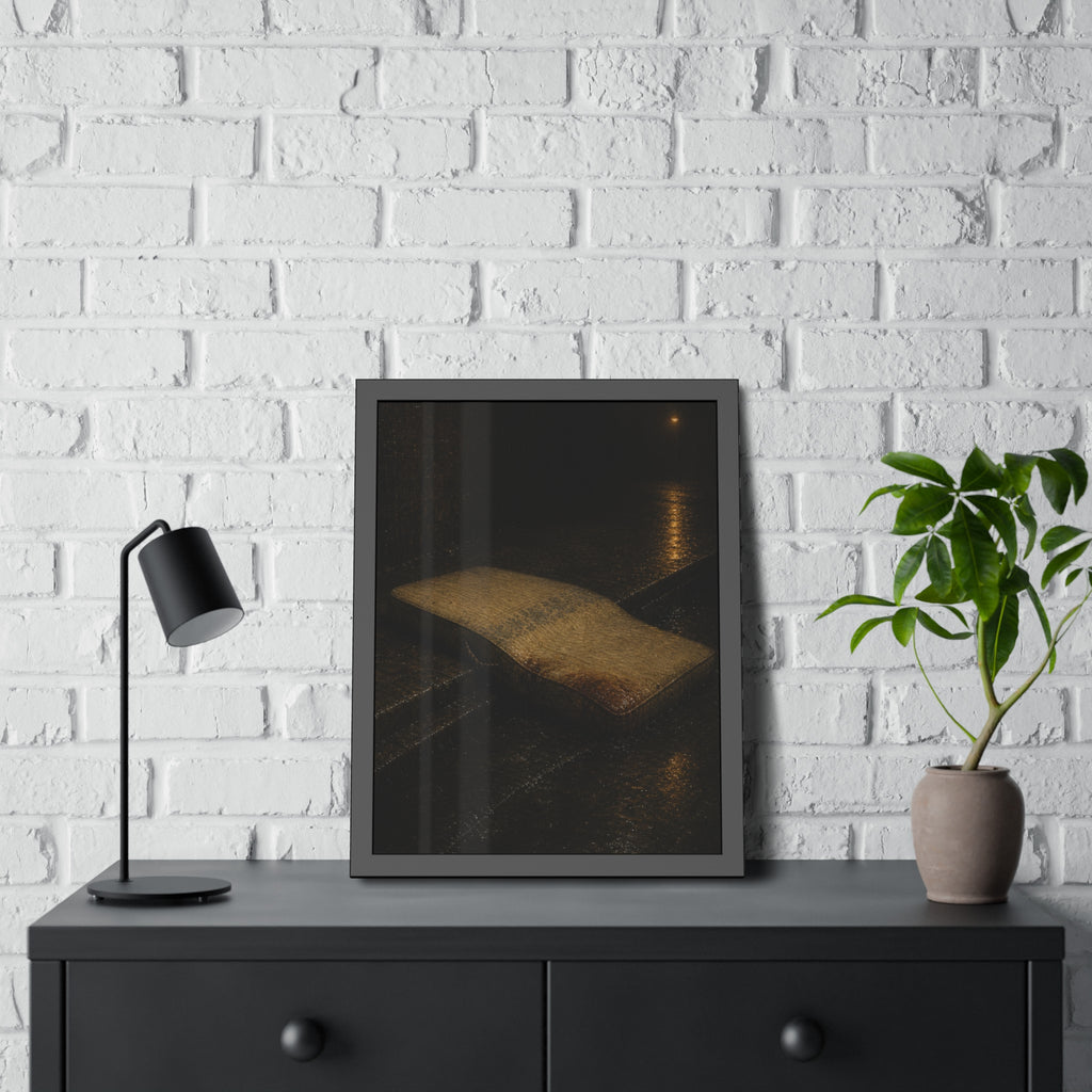A sodden mattress slumped off a curb on wet pavement under a street lamp. The Collapse into the Gutter by Garabaggio, framed fine art print hanging in a room.
