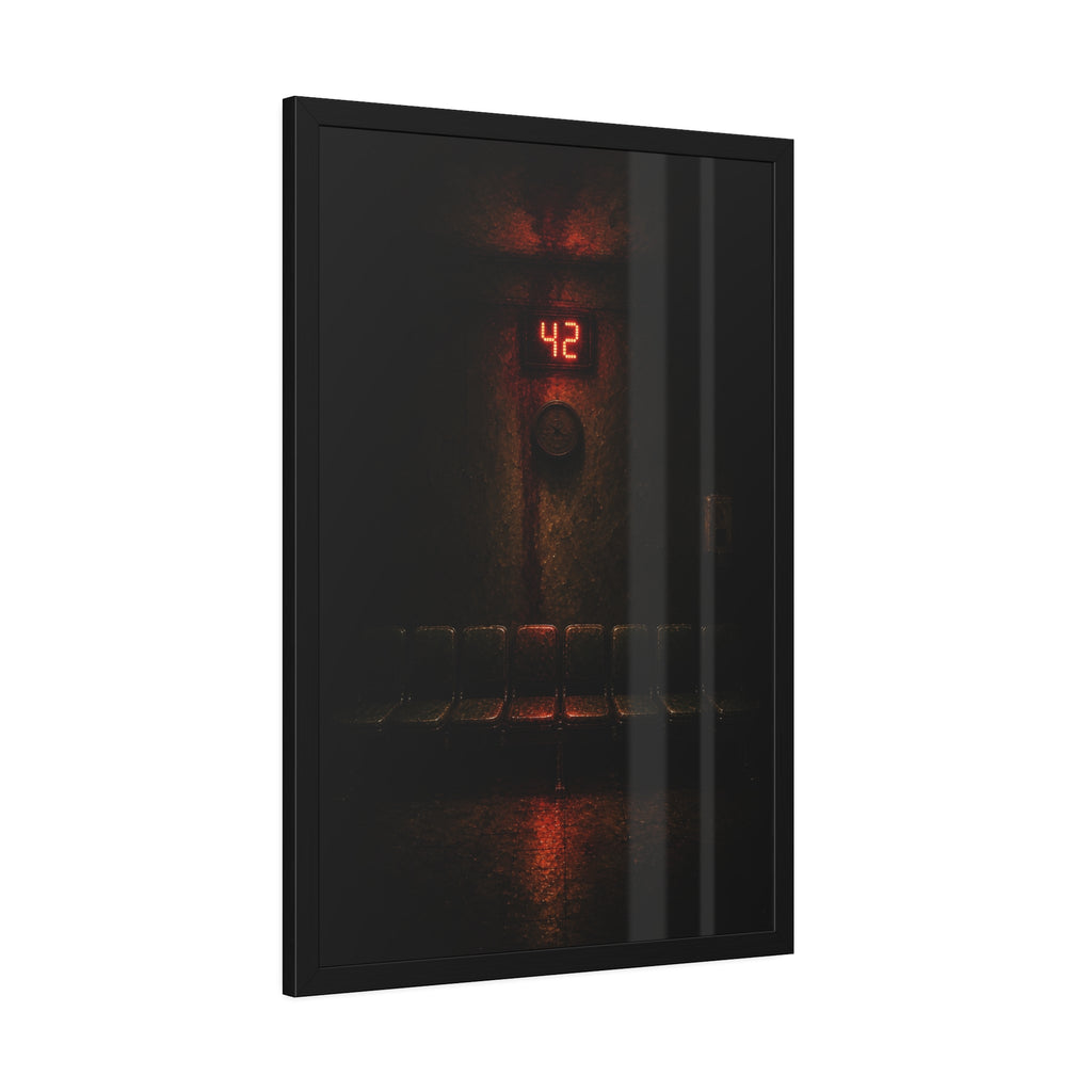 A red number display glowing above an empty row of waiting room chairs. The Number Called at Last by Garabaggio, framed fine art print hanging in a room.