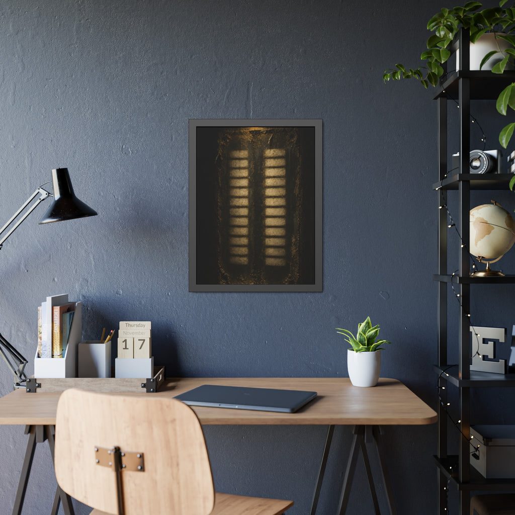 Two columns of blank name slots on a corroded intercom panel. Twenty-Four Pale Rectangles by Garabaggio, framed fine art print hanging in a room.