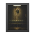 Eight worn seats in a row under a wall clock and one fluorescent tube. Eight Seats and a Clock by Garabaggio, framed fine art print, 11″ x 14″.