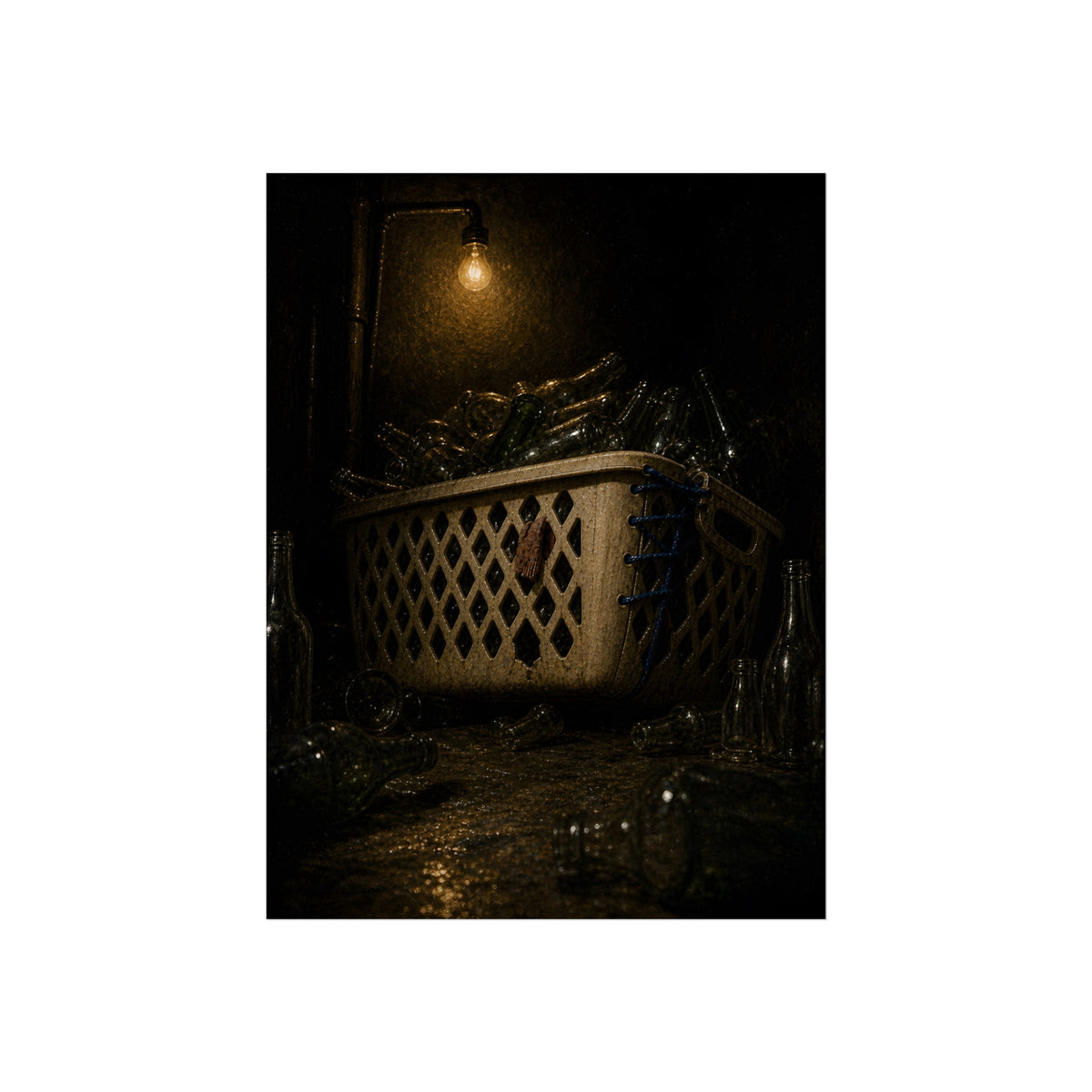 A laundry basket filled with glass bottles under a bare hanging bulb. The Second Life for Bottles by Garabaggio, fine art print, 18″ x 24″.