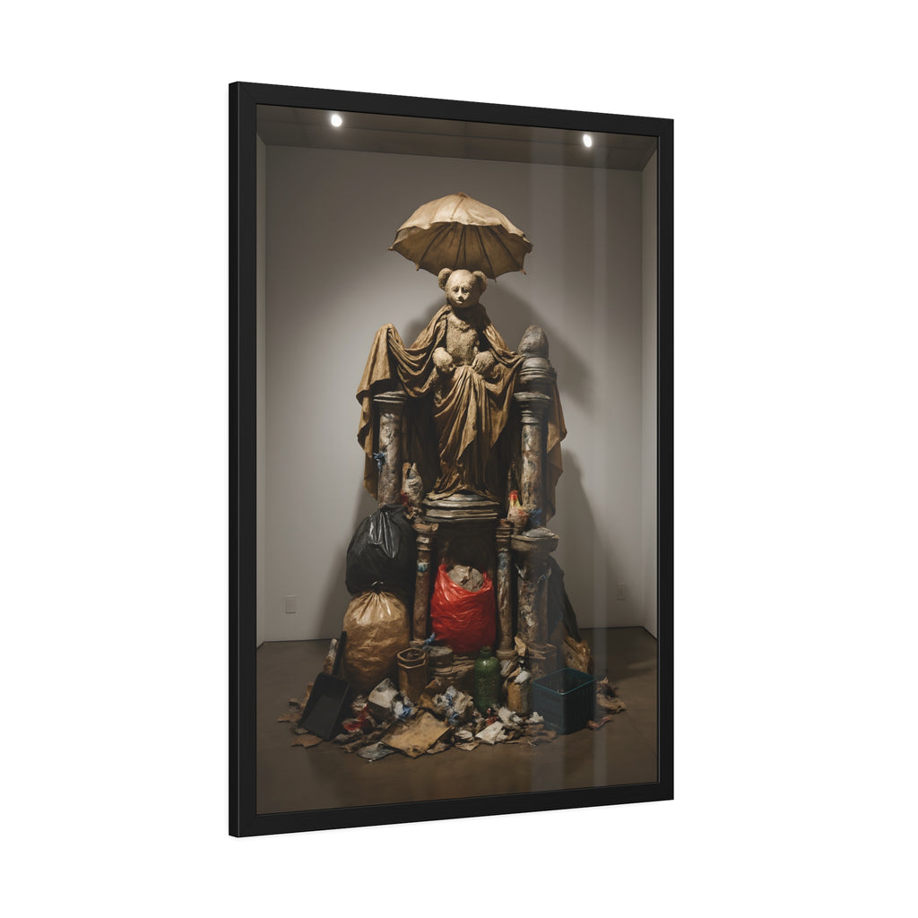 A teddy bear figure under an umbrella atop a pile of trash bags. Madonna of the Lost and Found by Garabaggio, framed fine art print hanging in a room.